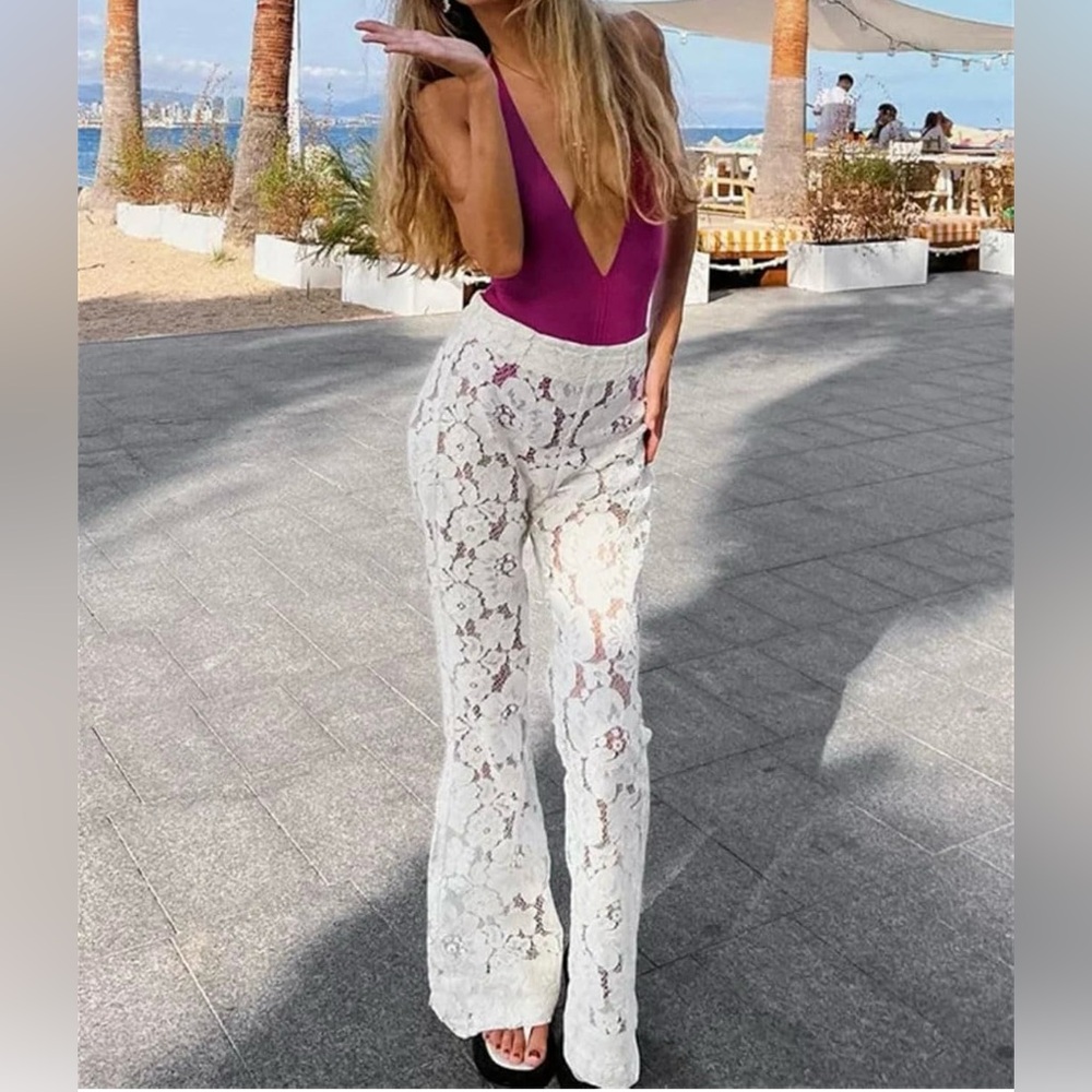 Women's White Flare Pants High Waist Lace Beach Trousers for Summer Vacations
